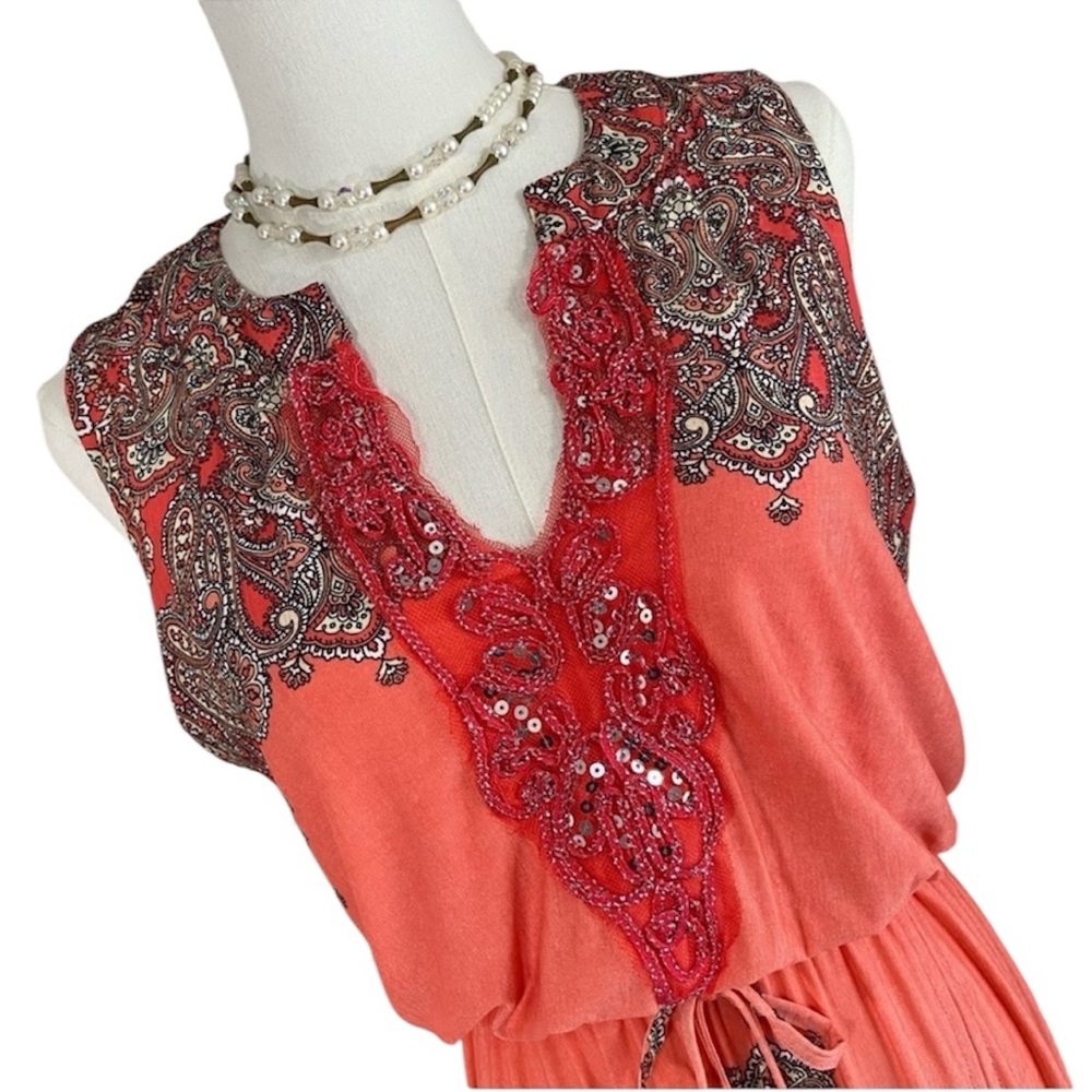 Paisley Chiffon Sleeveless Maxi Dress Size Small Rhinestone Sequin Detail - Picture 3 of 15